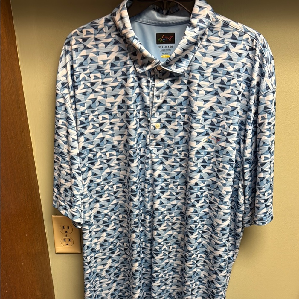 Men's Blue and White Patterned Polo Shirt